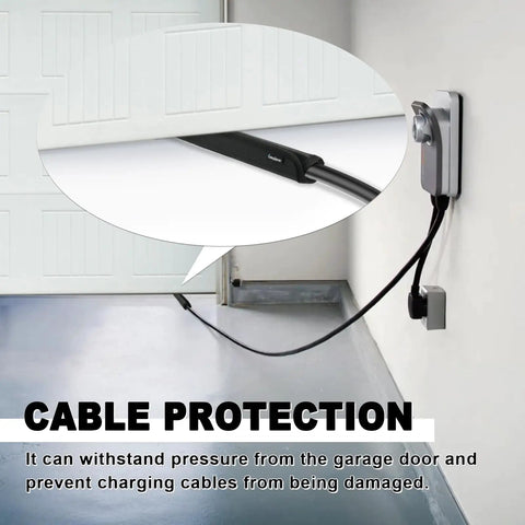 Tough EV Charger Cable Guard Sleeve With Quick Hook And Loop Wrap protects cables from garage door pressure in a garage setting.
