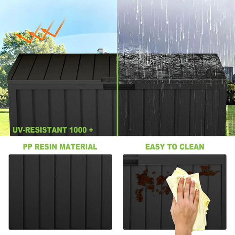 75 Gallon Outdoor Storage Box Weatherproof And Lockable For Patio Cushions, Garden Tools, And Outdoor Gear Black showing UV resistance and easy cleaning