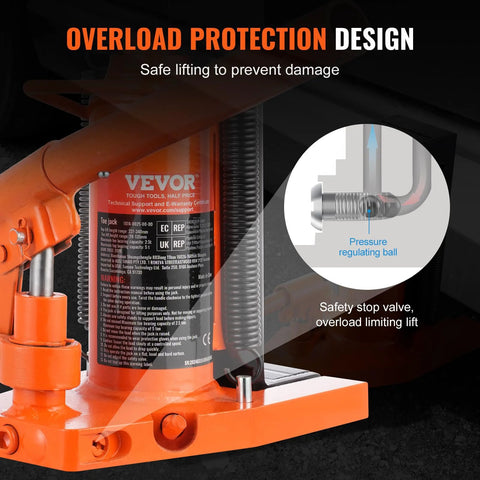 VEVOR hydraulic floor jack, side view, orange, 2.5-5 ton toe/top lift for machinery