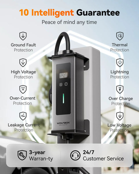 Level 1 And Level 2 40 Amp EV Charger With J1772, ETL Certified, 25 Foot Cable, 208-240V, safety features displayed