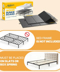 Built Different Queen Size Bunkie Board Rock Solid Eight Millimeter wooden mattress foundation displayed with bed frame info and setup guide.