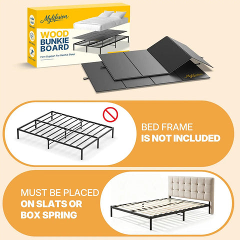 Built Different Queen Size Bunkie Board Rock Solid Eight Millimeter wooden mattress foundation displayed with bed frame info and setup guide.