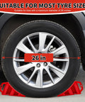 Side view of 4 Pack Wheel Chocks For Trailers And RVs With Easy Grab Handles Heavy Duty Hard Plastic Tire Chocks positioned on car wheel