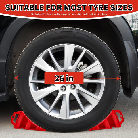 Side view of 4 Pack Wheel Chocks For Trailers And RVs With Easy Grab Handles Heavy Duty Hard Plastic Tire Chocks positioned on car wheel