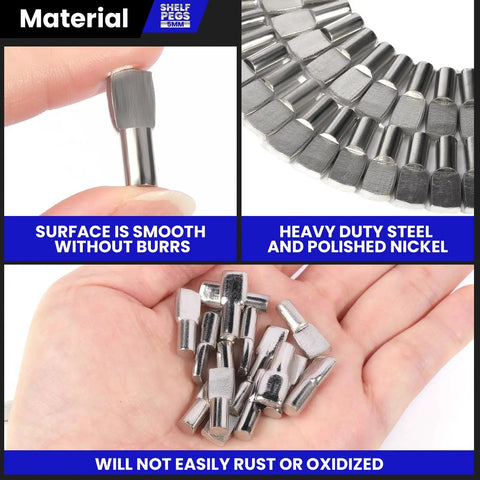 Close-up of 200 Pack 5mm Spoon Shaped Shelf Pins And Cabinet Shelf Pegs Metal Nickel Finish in hand showing size and finish