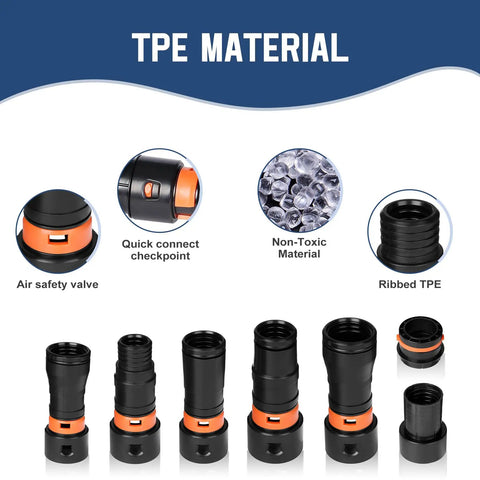 Seven Piece Universal Vacuum Hose Adapter Kit With Multi Size Connectors From Nine Tenths Of An Inch To One And Three Quarters Inches