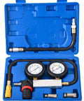 Cylinder leak-down tester kit with dual gauges in a blue plastic case; includes hoses and spark plug adapters.