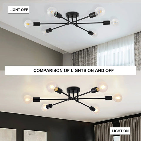 Dope Six Light Sputnik Black Chandelier Semi Flush Mount Ceiling Light With E26 Base LED Compatible comparison on off