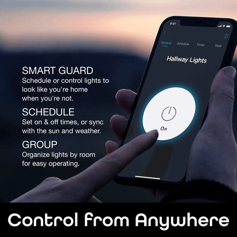 Person using smartphone app to control 4 Pack Smart WiFi Light Switch No Hub Needed, Works With Alexa And Google Assistant via 2.4 GHz WiFi.