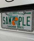 Elegance Chrome License Plate Frame With Diamond Bling And Fastener Caps, 144 Simulated Diamonds, 6mm, Rattle Free Clips