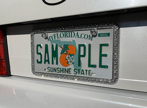 Elegance Chrome License Plate Frame With Diamond Bling And Fastener Caps, 144 Simulated Diamonds, 6mm, Rattle Free Clips