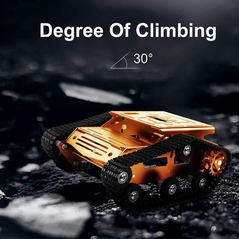 Rock Solid Aluminum Alloy Smart Robot Chassis Kit Rolling Smooth with dual drive tracks, showcasing climbing angle of 30 degrees.