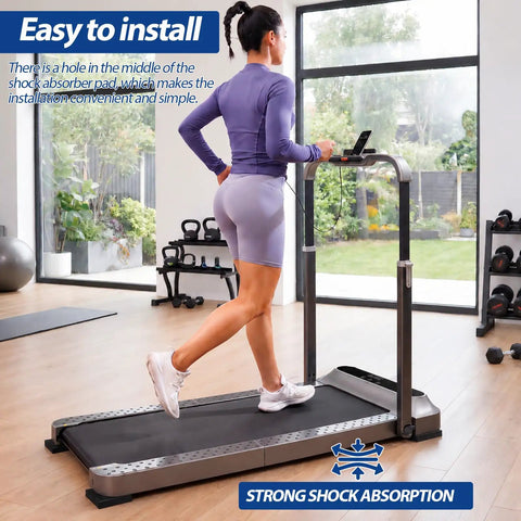 Straight Up Heavy Duty Rubber Shock Isolation Pads Eight Pack Four By Four By One Inch shown on treadmill, enhancing shock absorption.