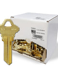 Premium Brass Blank Keys Pack Of 250 Uncut Keys For Home And Pro Use Durable Brass Construction With Smooth Edges Ready For Quick Cutting And Lock Replacement, box of keys with one key displayed