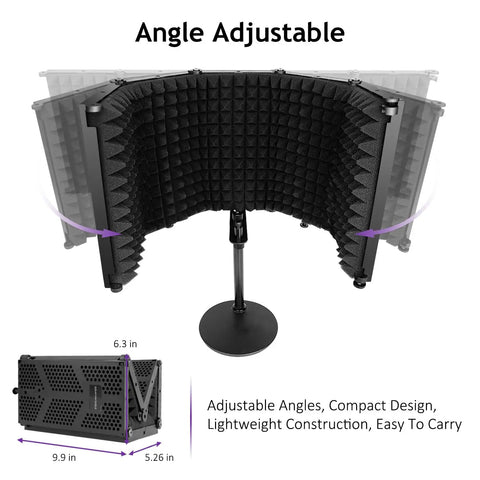 High Density 5 Panel Microphone Isolation Shield With Desktop Mic Stand for Home Studio Recording, showing adjustable angles.