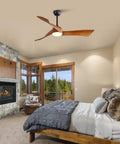 52" Modern Wood Ceiling Fan with Dimmable LED Light, 6 Speed Energy Saving Reversible DC Ceiling Fan with Remote in cozy bedroom.