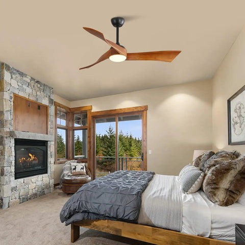 52" Modern Wood Ceiling Fan with Dimmable LED Light, 6 Speed Energy Saving Reversible DC Ceiling Fan with Remote in cozy bedroom.