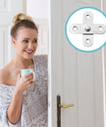 Woman with coffee peeking through door with Hidden Pivot Door Hinges Stainless Steel 6 Pack Heavy Duty Swinging Hardware inset.