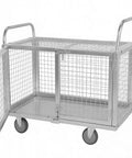 Rock Solid Heavy Duty Platform Truck With Secure Cage And Adjustable Panels, industrial cart with open gate and swivel wheels.