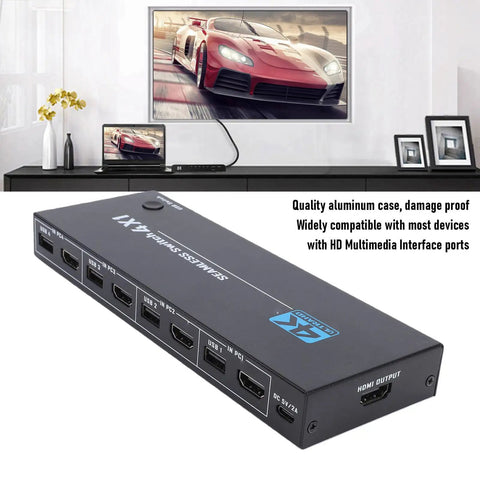 Boss Level 8K 60Hz KVM Switch For PC Laptop And Gaming Console Monitor 4 Port USB HDMI, angled view with ports highlighted.