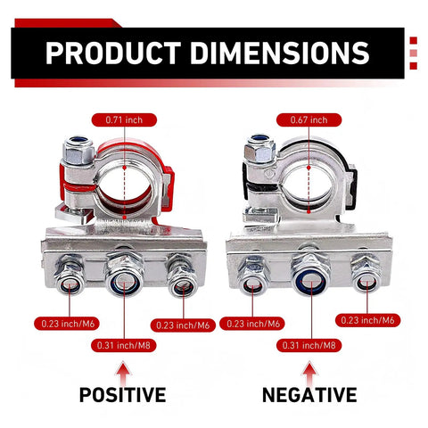Garage Ready Heavy Duty Battery Terminal Connectors 2Pcs With 3Way Top Post Cable Clamps dimensions showing positive and negative connectors.