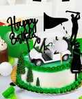 21 Piece Golf Cake Decorations Kit Featuring Mini Golf Cart Toy Acrylic Flags And Lush Green Trees For A Hella Sweet Golfer Birthday Bash and party table centerpiece on a decorated cake.