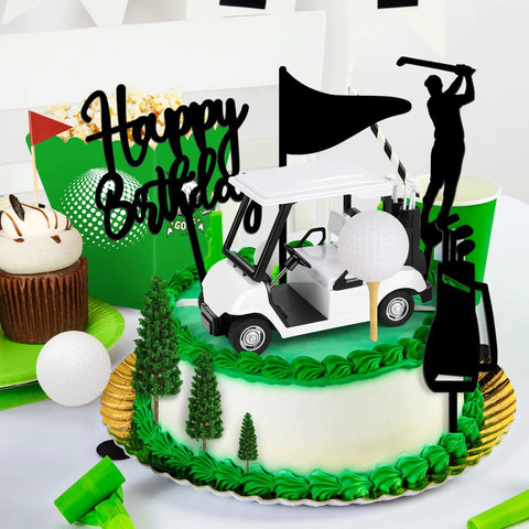 21 Piece Golf Cake Decorations Kit Featuring Mini Golf Cart Toy Acrylic Flags And Lush Green Trees For A Hella Sweet Golfer Birthday Bash and party table centerpiece on a decorated cake.