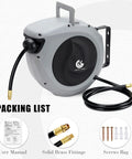 Retractable Air Hose Reel With Three Eighths Inch By 50 Ft Hybrid Polymer Hose Auto Rewind Enclosed Shop Ready Mount Heavy Duty 180 Degree Swivel 300 PSI Pro Grade Commercial Quality Polypropylene Gray with packing list