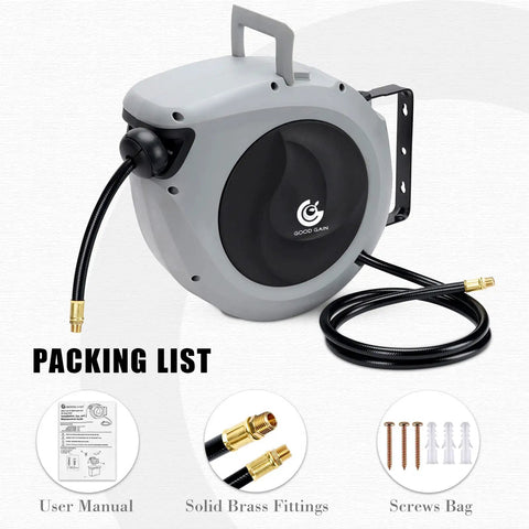 Retractable Air Hose Reel With Three Eighths Inch By 50 Ft Hybrid Polymer Hose Auto Rewind Enclosed Shop Ready Mount Heavy Duty 180 Degree Swivel 300 PSI Pro Grade Commercial Quality Polypropylene Gray with packing list