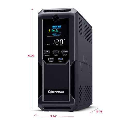 Front view of Intelligent LCD UPS Battery Backup And Surge Protector with 1500VA 900W power, LCD display, and 12 outlets.