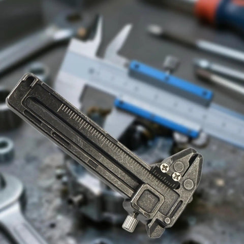 EDC Ready Compact Pocket Vernier Caliper with smooth sliding on blurred workshop background, 0-50 mm zinc alloy tool.