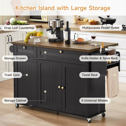Black 60 Inch Kitchen Island With Power Outlet And Drop Leaf, Rolling Kitchen Island Cart With Spice Rack Towel Rack Knife Holder And Trash Storage Cabinet