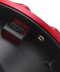 Close-up of red fuel filler door cover replacement for JK Sahara 2007 2018, fits like OEM, tight seal, durable gas door for Wrangler