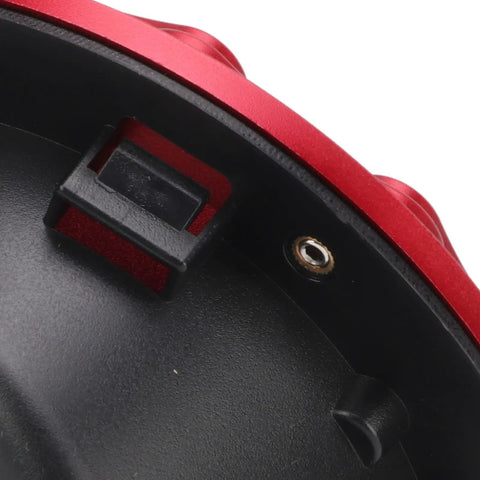 Close-up of red fuel filler door cover replacement for JK Sahara 2007 2018, fits like OEM, tight seal, durable gas door for Wrangler