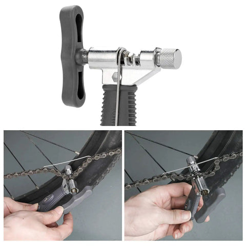 All In One Bicycle Chain Tool Kit With Missing Link Pairs, Chain Breaker, Wear Gauge And Chain Checker in use on bike chain