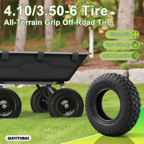 4.10/3.50-6 Outer Tire for Go Karts ATVs Quads and More Replaces 13x4.00-6 next to a black trailer on grass.