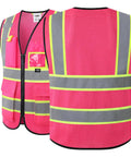 Lit Hi Vis Safety Vest For Men And Women In Hot Pink, Slick Zip Up Front, Built In Utility Pockets, Ultra Breathable Mesh Fabric, And Extra Wide Reflective Strips That Hit Ansi Standards For Xl Fit, showing front and back views.