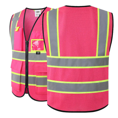Lit Hi Vis Safety Vest For Men And Women In Hot Pink, Slick Zip Up Front, Built In Utility Pockets, Ultra Breathable Mesh Fabric, And Extra Wide Reflective Strips That Hit Ansi Standards For Xl Fit, showing front and back views.