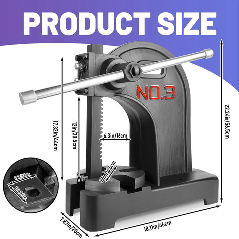 Straight Out The Workshop, Heavy Duty 1 Ton Manual Arbor Press, product size image showing dimensions and details in cast iron.