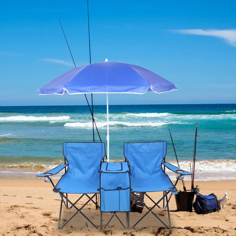 Folding Double Camping Chair With Detachable Umbrella Ice Bag Cup Holder Built In Cooler Bag Carrying Bag Fold Up Table Heavy Duty Bearing Capacity