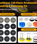 136 Piece Wet And Dry Sanding Disc And Polishing Kit For Drill Or Manual Use with 3 inch discs and accessories.
