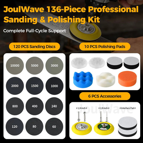 136 Piece Wet And Dry Sanding Disc And Polishing Kit For Drill Or Manual Use with 3 inch discs and accessories.