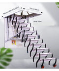 Electric Attic Ladder With Retractable Loft Stairs And Hidden Ceiling Access Featuring Heavy Duty Alloy Frame And Wide Non Slip Treads For One Push Motorized Operation To Keep Your Attic Storage On Point, showing retractable design and measurements.