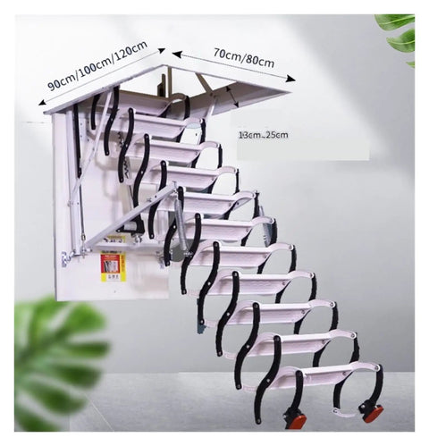 Electric Attic Ladder With A Slick Hidden Retractable Ceiling Hatch And Heavy Duty Telescoping Handrail For Zero Hassle Space Saving Pull Down Setup And Crisp White Finish, shown from the side and open.