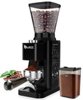 binROC Electric Conical Burr Coffee Grinder With Portafilter Holder In Sleek Black, showing ground coffee and whole beans.