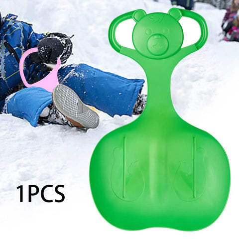 Green heavy duty snow sled for winter fun with cold resistant PP and ergonomic handles, non-slip seat, toboggan for kids.