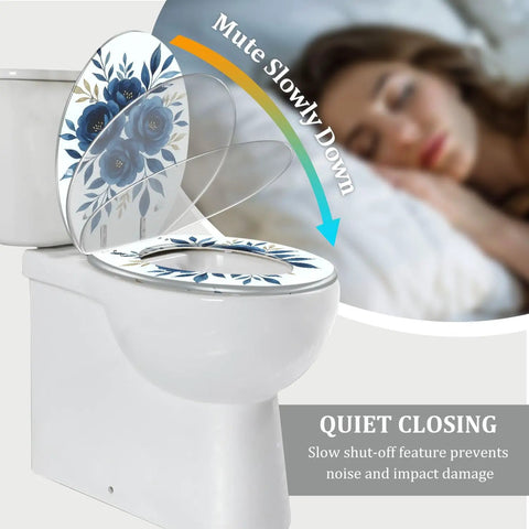 Elongated Toilet Seat Quiet Close Quick Release Bathroom with floral design, showcasing quiet-closing feature and adjustable hinges.