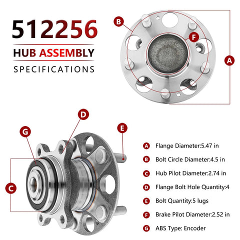 Diagram of Pair Rear Wheel Hub Assembly And Bearing For Honda Civic 2006 2011 EX SI Models And Acura CSX 2006 2011 ABS features labeled