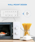 12-Outlet Surge Protector Power Strip With 4 USB Ports, 6-Foot Cord, wall-mounted above a kitchen countertop.