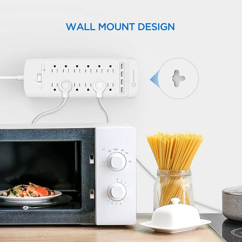 12-Outlet Surge Protector Power Strip With 4 USB Ports, 6-Foot Cord, wall-mounted above a kitchen countertop.